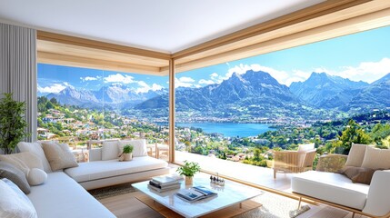 Fototapeta premium Modern luxury living room interior with white sofas and glass walls overlooking a scenic mountain lake landscape.