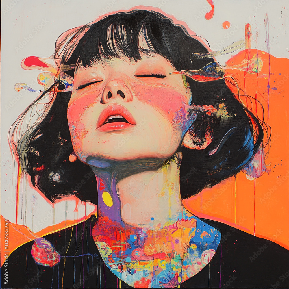 Poster vibrant expression of emotion through color and texture in modern portrt art.