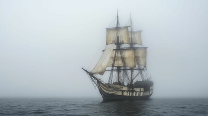 Sailing ship in fog, ocean, tall masts.