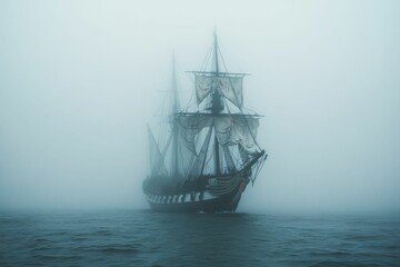 Sailing ship, foggy sea,  mysterious journey.