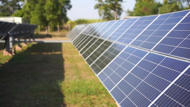 Solar power plant(solar cell) on summer season, hot climate causes increased power production, Alternative energy to conserve the world's energy, Photovoltaic module idea for clean energy production.