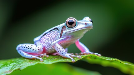 Fototapeta premium Vibrant blue and pink frog on a green leaf.