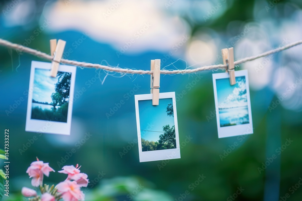 Leinwandbilder Polaroid photographs hanging on a string with clothespins in a serene outdoor setting with soft colors and floral accents. Generative AI