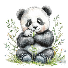 Obraz premium Adorable Giant Panda Holding Its Baby in a Lush Green Setting Illustration