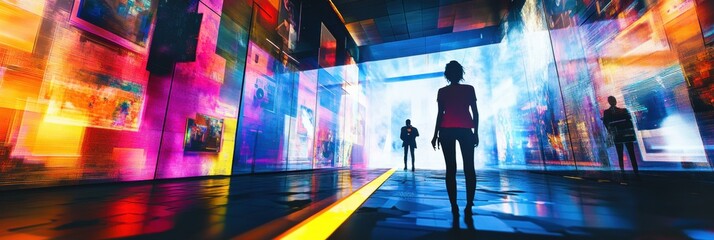 Visitors navigate a colorful digital gallery filled with interactive virtual artworks and engaging avatars, creating an immersive experience. Generative AI