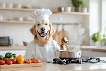 Golden retriever dog chef cooking in kitchen.