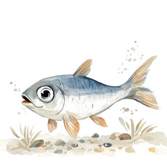 Detailed Illustration of a Single Herring Fish with Natural Elements on a White Background