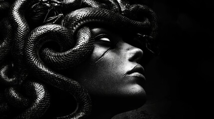 Monochrome portrait, serpentine headdress, metallic face.