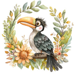 Obraz premium Colorful and Charming Illustration of a Hornbill Surrounded by Floral Arrangement and Green Leaves