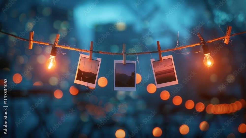 Leinwandbilder decorative string display of vintage polaroid photos illuminated by warm lights at dusk with city ba