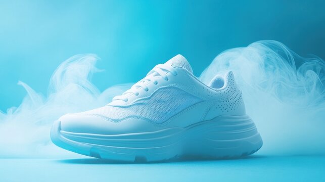 White sneaker on blue background with smoke.