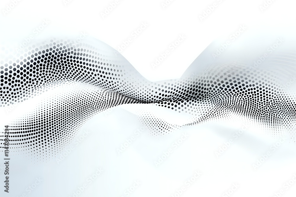 Poster abstract halftone dots flowing dynamically across white background, creating a modern design element