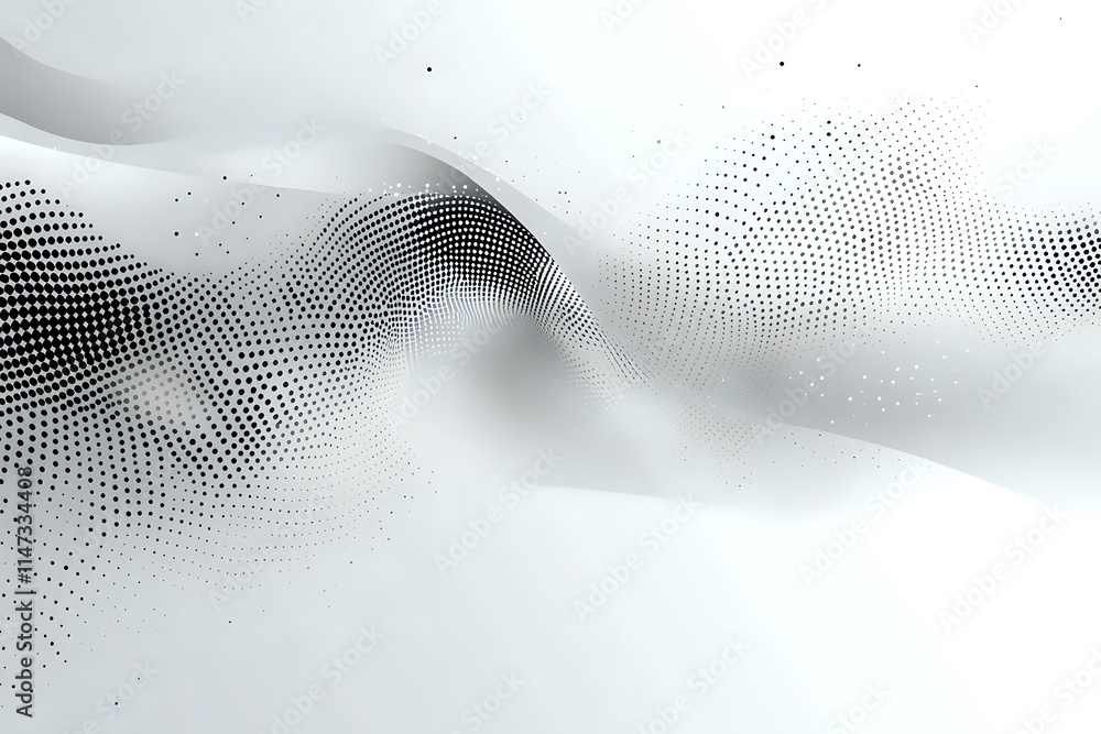 Poster abstract halftone dots flow dynamically across white background, creating a swirling motion effect i