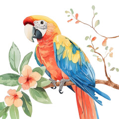 Obraz premium Colorful Illustration of a Macaw Perched on Branch with Tropical Flowers and Lush Green Leaves