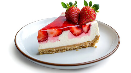 A slice of strawberry cheesecake with strawberries on top