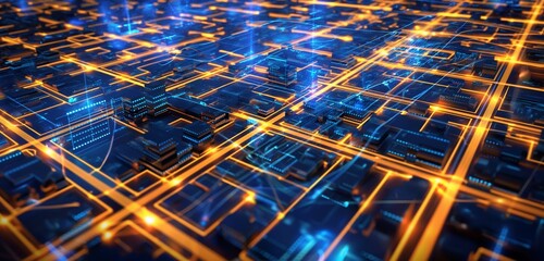 A smart city grid with light trails representing data traffic flowing through streets and buildings, illustrating the digital infrastructure of a modern metropolis.