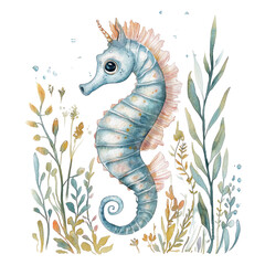 Fototapeta premium Colorful Illustration of a Beautiful Seahorse Surrounded by Underwater Plants and Sea Life Elements