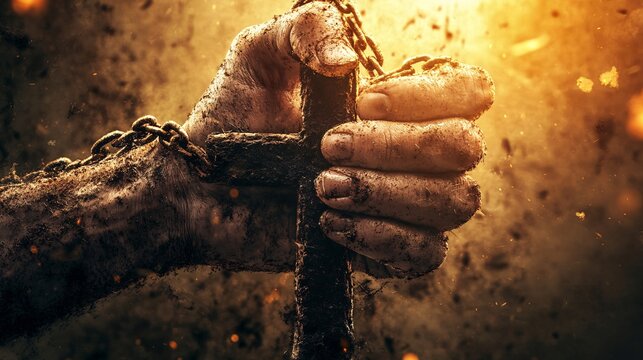 Hands tied with chains to the cross in the sunset light.
