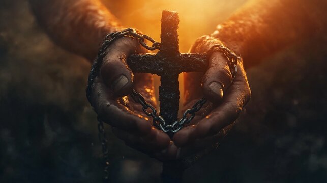 Hands tied with chains to the cross in the sunset light.