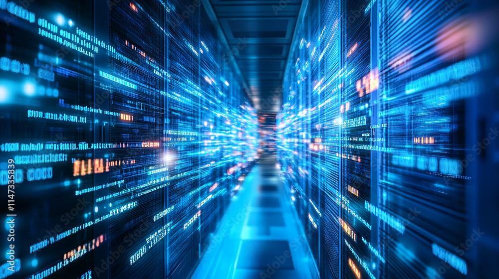 Poster data transmission in a server room during high-speed processing.