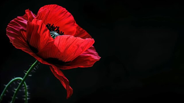 Red poppy flower on black background. Remembrance Day, Armistice Day, Anzac day symbol, floral, flora, blossom, closeup, garden, bloom, 