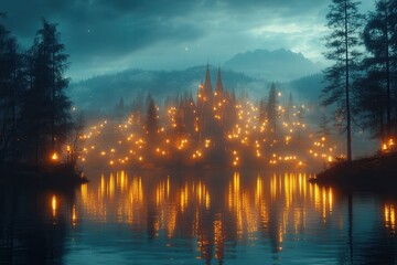Fototapeta premium A serene lakeside view of a glowing castle surrounded by trees and mountains at dusk.
