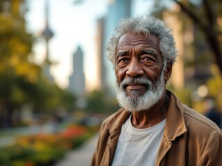Peaceful Elderly Black Man in Urban Park with Sunlight