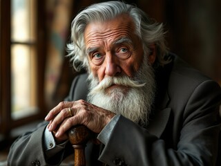 Elderly Gentleman in Vintage Suit with Wooden Cane