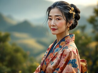 Elegant Elderly East Asian Woman in Traditional Silk Kimono