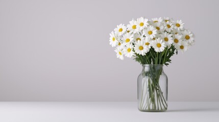 Vibrant white daisy bouquet in a clear jar minimalist home decor modern aesthetic indoor setting