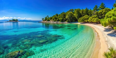 Naklejka premium Sandy beach with crystal clear blue water and lush greenery in Rovies, beach, Rovies, Greece, sandy, water