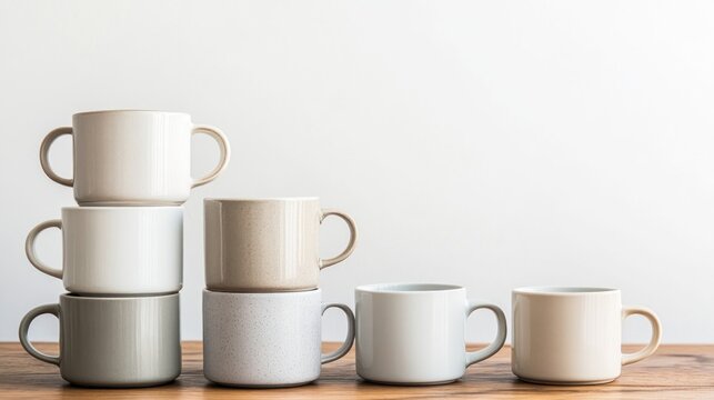 Stacked and arranged neutral-toned ceramic mugs on wood.