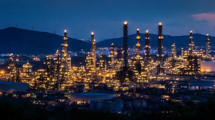 Fototapeta premium A city skyline at night with many tall buildings and a large number of oil refineries. The lights from the refineries are lit up, creating a warm and inviting atmosphere