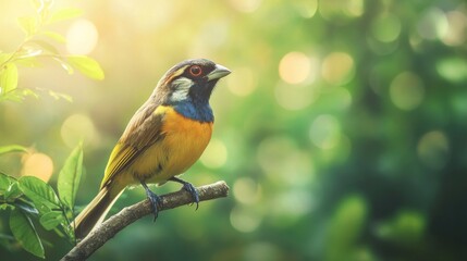 Colorful bird perched on branch, sunlight bokeh background.