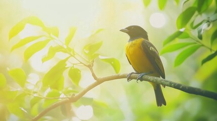 Fototapeta premium Yellow and black bird perched on a branch in sunlight.