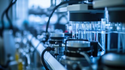 Close-up of hydrogen fuel cells in a laboratory setting, showcasing intricate details of the technology. The image captures the advanced equipment and materials used in hydrogen energy research,