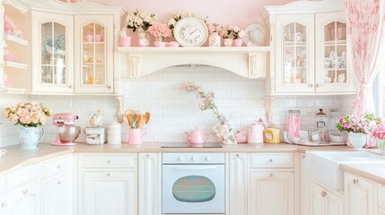 Fototapeta premium Pastel pink and white kitchen with floral decor.