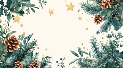 Christmas border with greenery and golden stars, perfect for holiday cards, invitations, and creating a festive frame for seasonal designs.