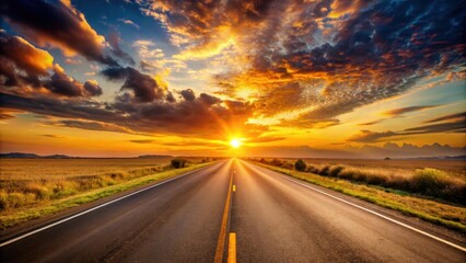 Naklejka premium Scenic highway stretches under golden sunset, highway, scenic, golden, sunset, road, travel, landscape, panoramic, view, nature