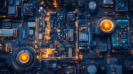 Fototapeta premium A cityscape with glowing lights and a yellow sphere in the center. The image conveys a futuristic and technological atmosphere