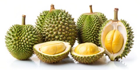 Unripe durians in varying sizes and shapes, one cut open, Durian, unripe, fruit, tropical, spiky, exotic, fresh, raw, Asian, edible