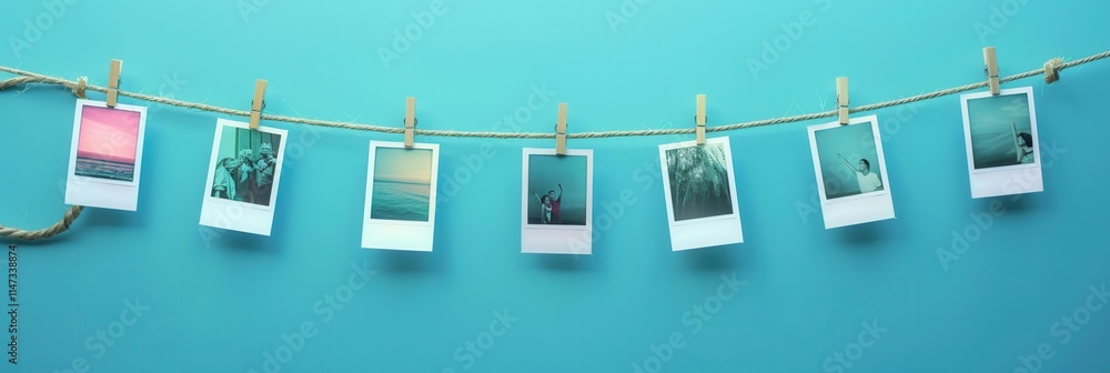Poster polaroid photos displayed on string with clothespins for creative home decor and personal memories. 