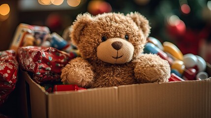 Close-up of a cardboard box filled with toys that can be donated, symbolizing generosity and the spirit of giving during the holiday season, focusing on charitable efforts and community support.