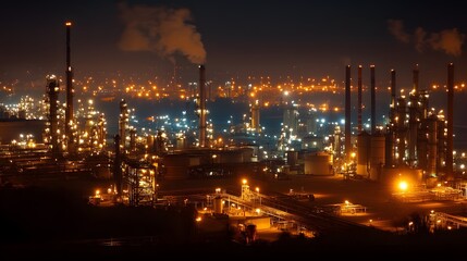 Fototapeta premium A city at night with many factories and a lot of lights. The lights are on and the sky is dark