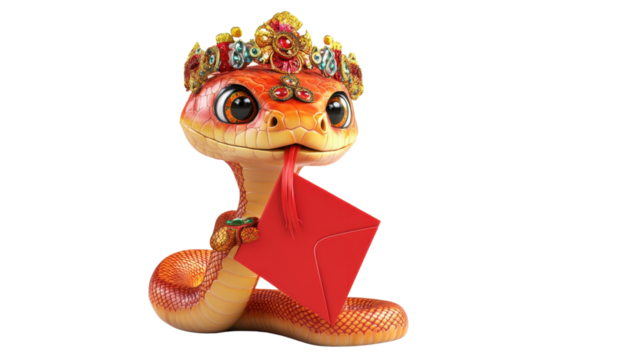 Adorable Cartoon Snake Character Wearing a Colorful Crown and Holding an Envelope, Ideal for Festive Occasions and Children's Illustrations