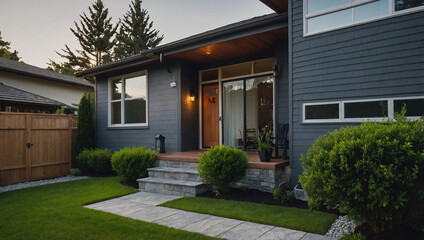 Residential Home Exterior with Gray Siding and Stone Steps