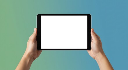 hands holding blank horizontal tablet mockup, empty tablet screen template on green blue background
