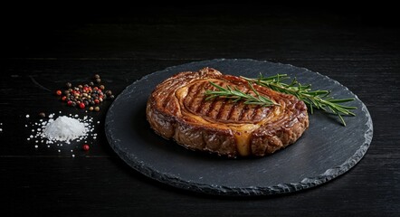 "Perfectly Cooked Medium-Rare Ribeye Steak with Rosemary Garnish on Slate Plate"