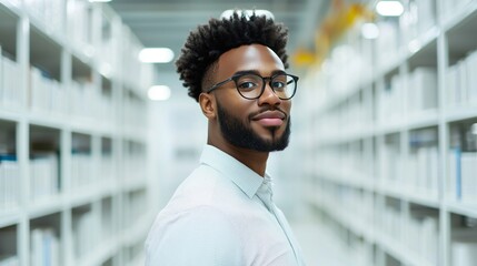 Young professional smiling in library urban setting portrait bright environment engaging concept