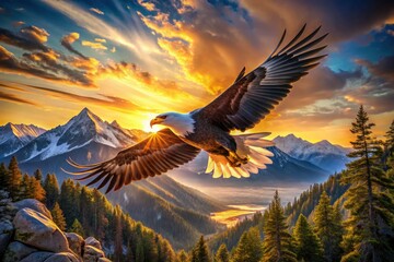 Obraz premium A digital nature photography masterpiece: a Rocky Mountain bald eagle soaring at sunset.